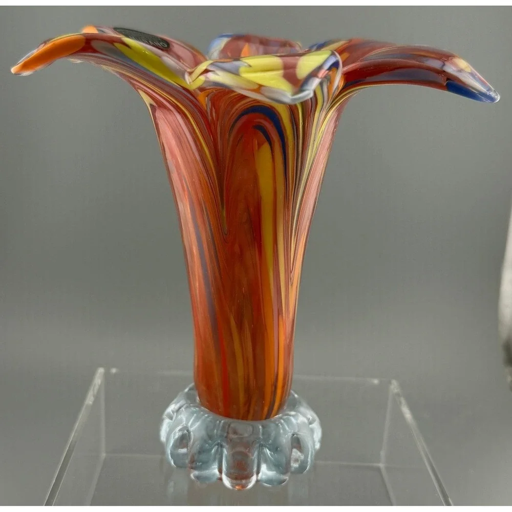 Vintage Murano Vetro Eseguito Vase Art Glass Multicolor Tulip Scalloped Base 6.5